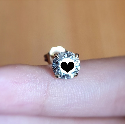 Moissanite 14K Gold Earring With Black Heart Laser Engraved On The Moissanite