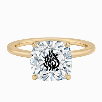 טבעת יהלום מעבדה קושן חריטה האש שלי - זהב 14 קראט צהוב/לבן/רוז גולד