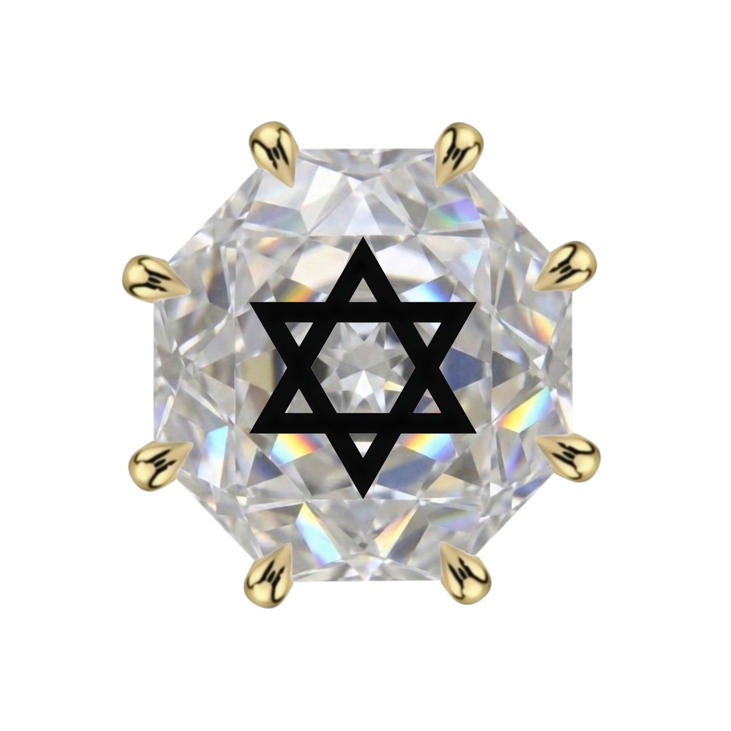 עגיל אבן מוסונייט מתומן Octagon Rose Cut עם חריטת לייזר מגן דוד – זהב 14 קראט צהוב/לבן/רוז גולד – עגיל ייחודי