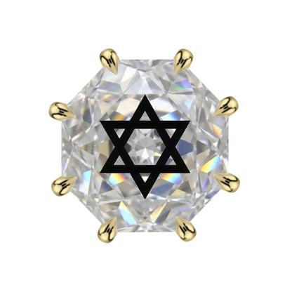עגיל אבן מוסונייט מתומן Octagon Rose Cut עם חריטת לייזר מגן דוד – זהב 14 קראט צהוב/לבן/רוז גולד – עגיל ייחודי