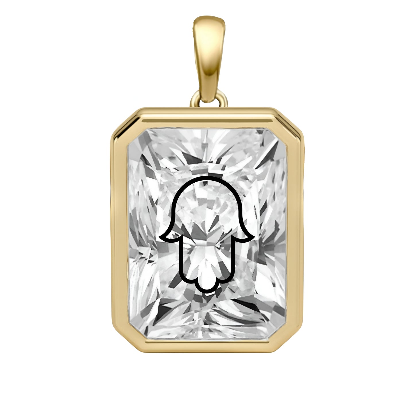 Laser Engrave Lab Grown Diamond Radiant Pendant Hamsa Engraved 14K Gold