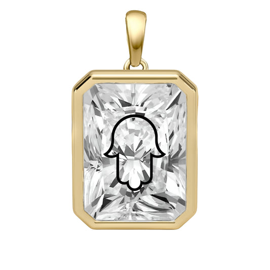Laser Engrave Lab Grown Diamond Radiant Pendant Hamsa Engraved 14K Gold