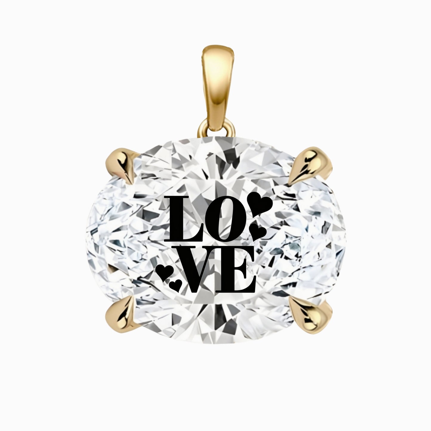 תליון אבן מוסונייט אובל עם חריטת לייזר LOVE - זהב 14 קראט צהוב/לבן/רוז גולד