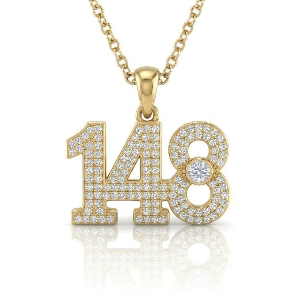 שרשרת תליון מספר 148 גימטריה של רבי נחמן מברסלב בשיבוץ יהלומי מעבדה זהב 14 קראט צהוב/לבן/רוז גולד