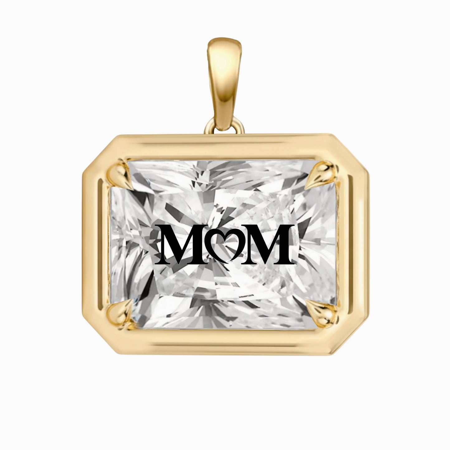 Laser Engrave On Lab Grown Diamond Radiant Bezel Prongs Pendant MOM Engraved 14K Gold