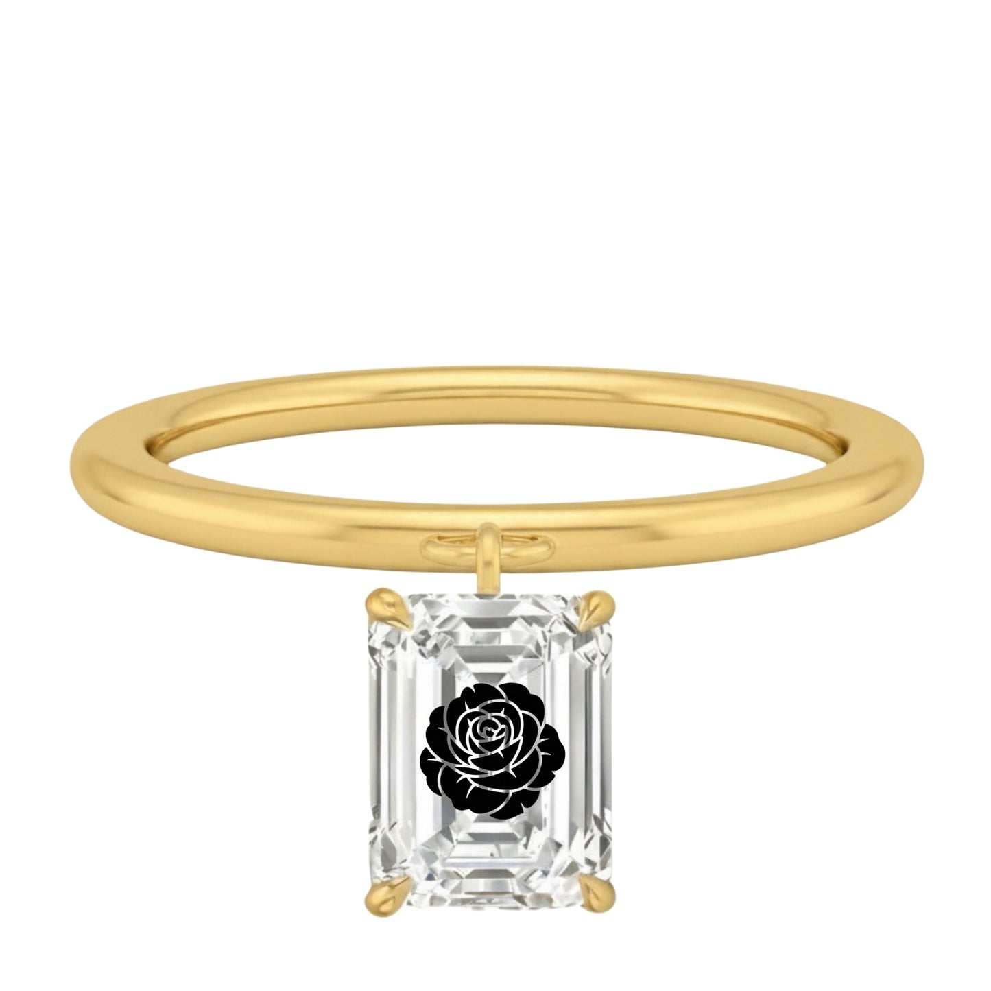 Laser Engrave Lab Grown Diamond Emerald Floating Pendant Rose Flower Engraved 14K Yellow/White/Rose Gold