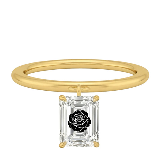 טבעת יהלום מעבדה אמרלד תלוי עם חריטת לייזר פרח ורד - זהב 14 קראט צהוב/לבן/רוז גולד