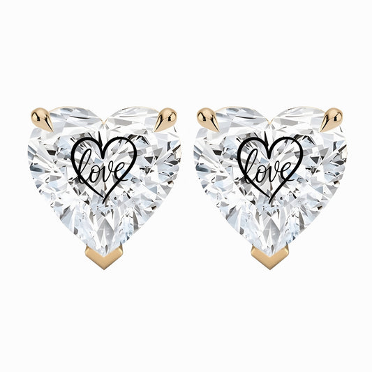 זוג עגילי מרטיני אבן מוסונייט לב עם חריטת לייזר לב Love – זהב 14 קראט צהוב/לבן/רוז גולד