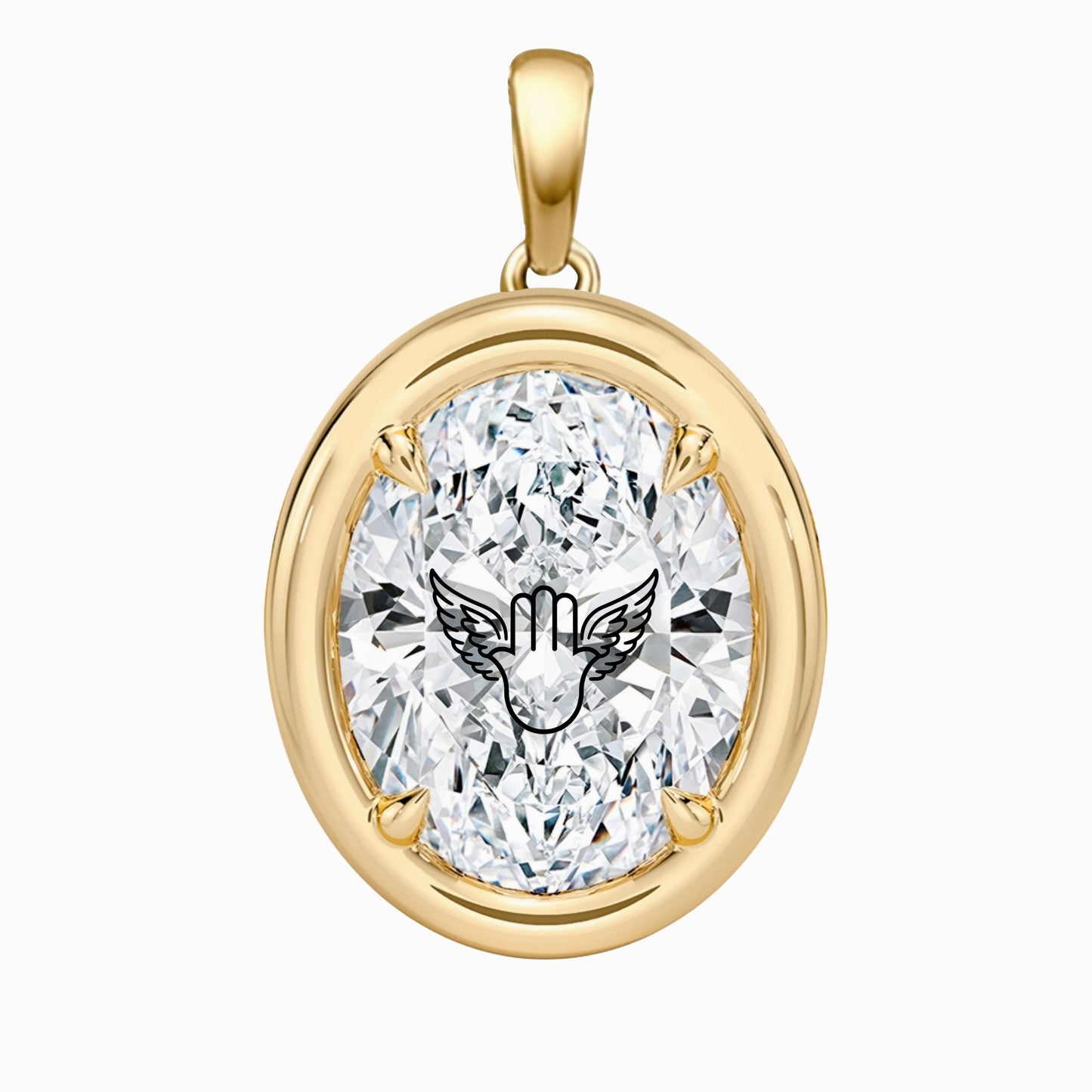Laser Engrave Lab Grown Diamond Oval Bezel Prongs Pendant Hamsa Engraved 14K Gold