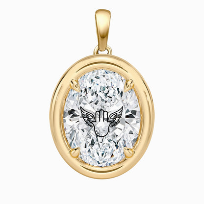 Laser Engrave Lab Grown Diamond Oval Bezel Prongs Pendant Hamsa Engraved 14K Gold