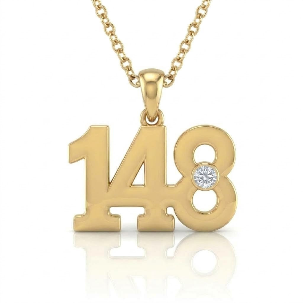 שרשרת תליון מספר 148 גימטריה של רבי נחמן מברסלב בשיבוץ יהלום מעבדה זהב 14 קראט צהוב/לבן/רוז גולד