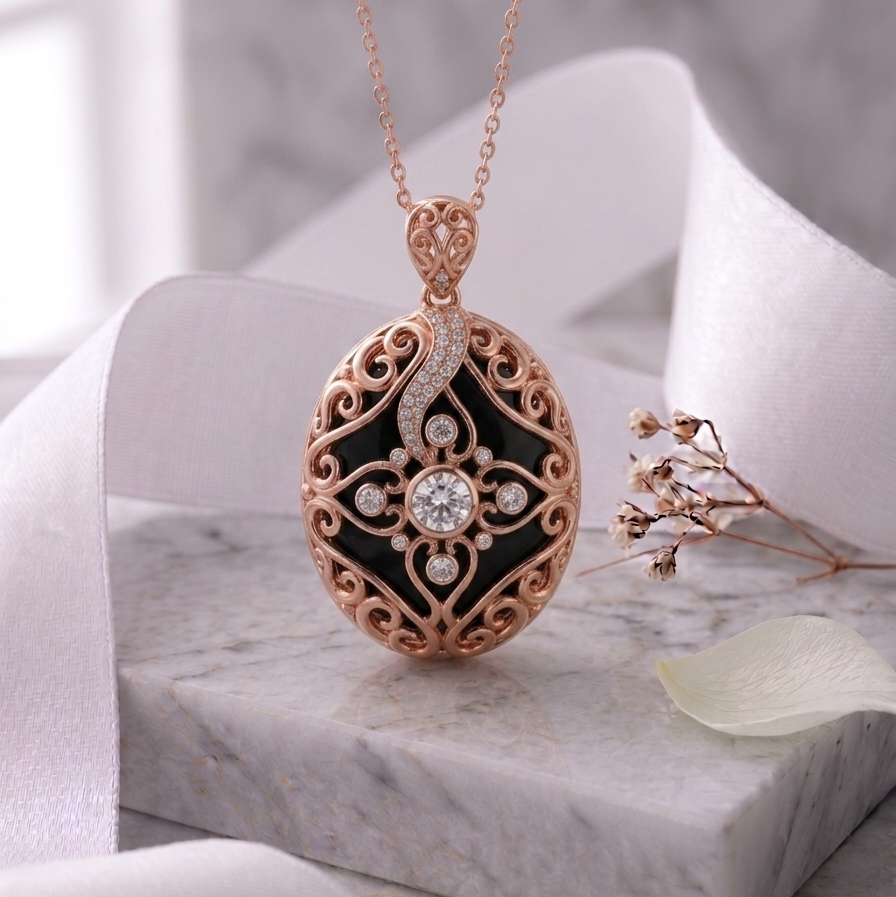 Oval Onyx Stone & Lab Grown Diamonds Fancy Pendant Necklace 14K Yellow/White/Rose Gold
