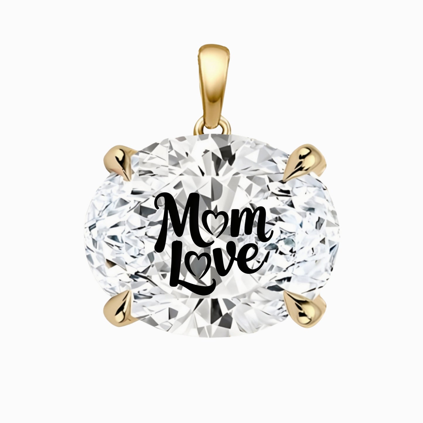 תליון אבן מוסונייט אובל עם חריטת לייזר MOM LOVE - זהב 14 קראט צהוב/לבן/רוז גולד