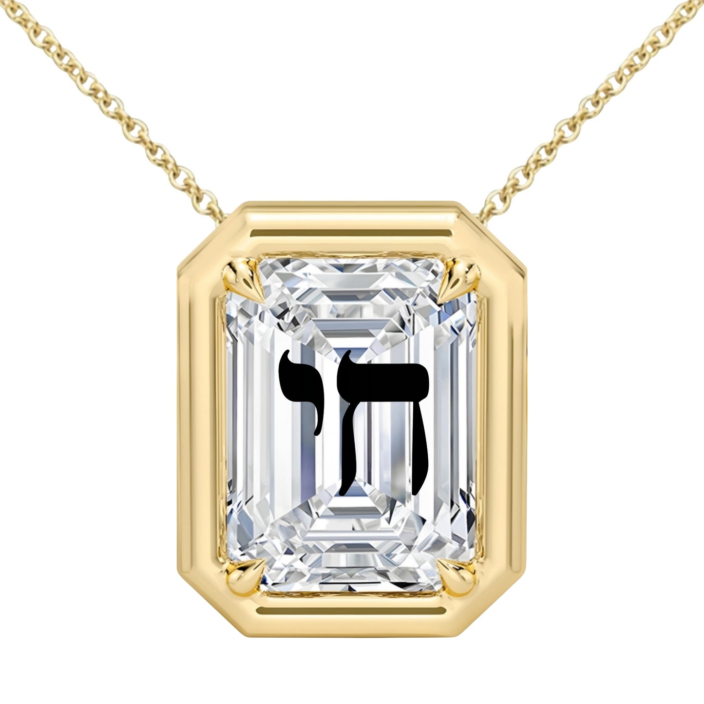 Laser Engrave On Lab Grown Diamond Emerald Bezel Prongs Pendant Chai Engraved Necklace 14K Gold