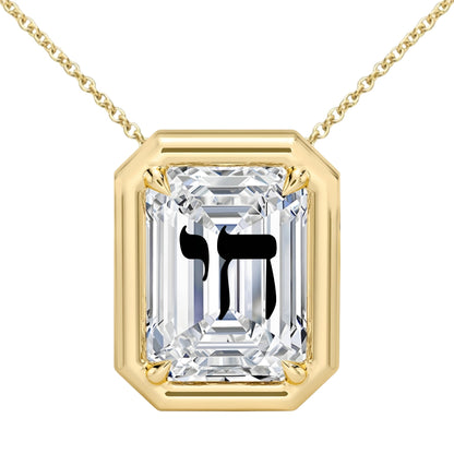 Laser Engrave On Lab Grown Diamond Emerald Bezel Prongs Pendant Chai Engraved Necklace 14K Gold