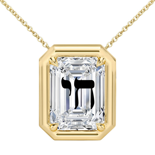Laser Engrave On Lab Grown Diamond Emerald Bezel Prongs Pendant Chai Engraved Necklace 14K Gold