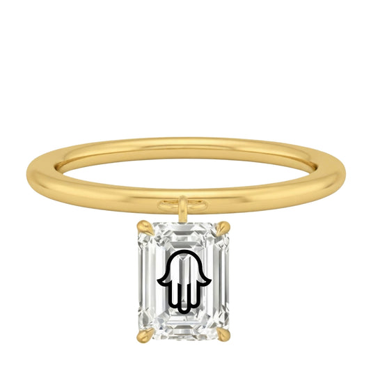 טבעת יהלום מעבדה אמרלד תלוי עם חריטת לייזר חמסה - זהב 14 קראט צהוב/לבן/רוז גולד