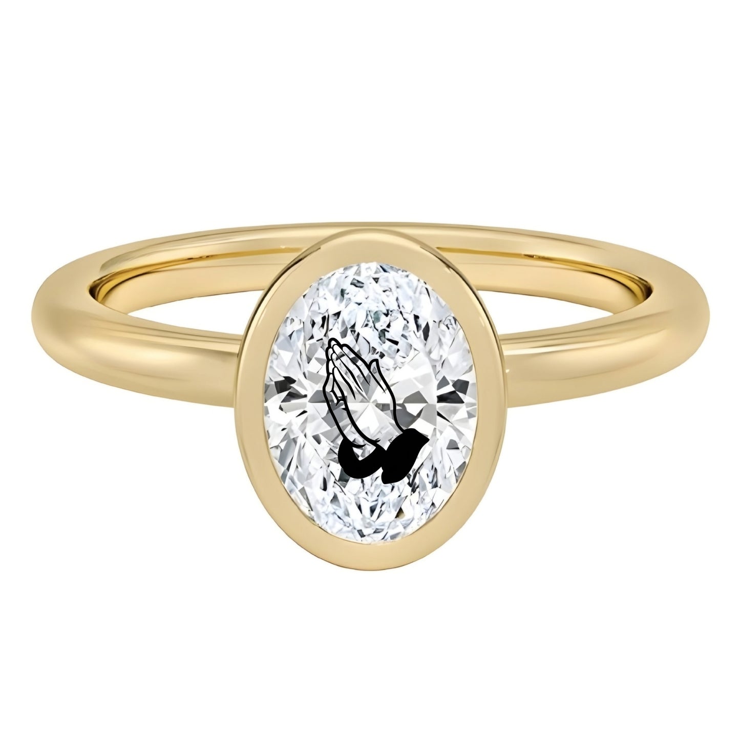 Lab Grown Diamond Oval Signet Ring With Praying Hands Laser Engraved On The Diamond 14K Gold