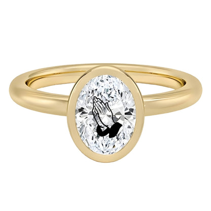 Lab Grown Diamond Oval Signet Ring With Praying Hands Laser Engraved On The Diamond 14K Gold