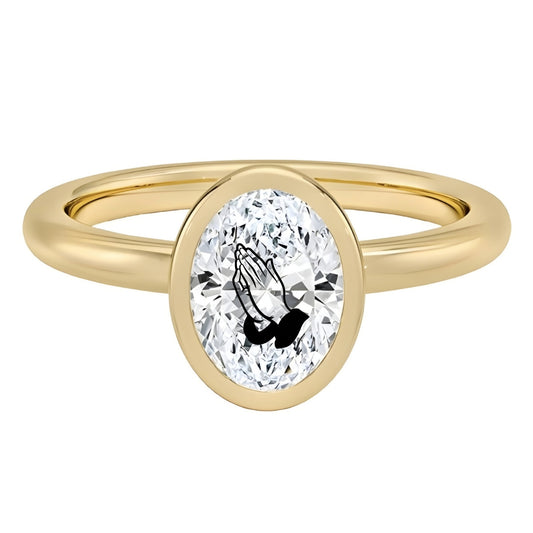 Lab Grown Diamond Oval Signet Ring With Praying Hands Laser Engraved On The Diamond 14K Gold