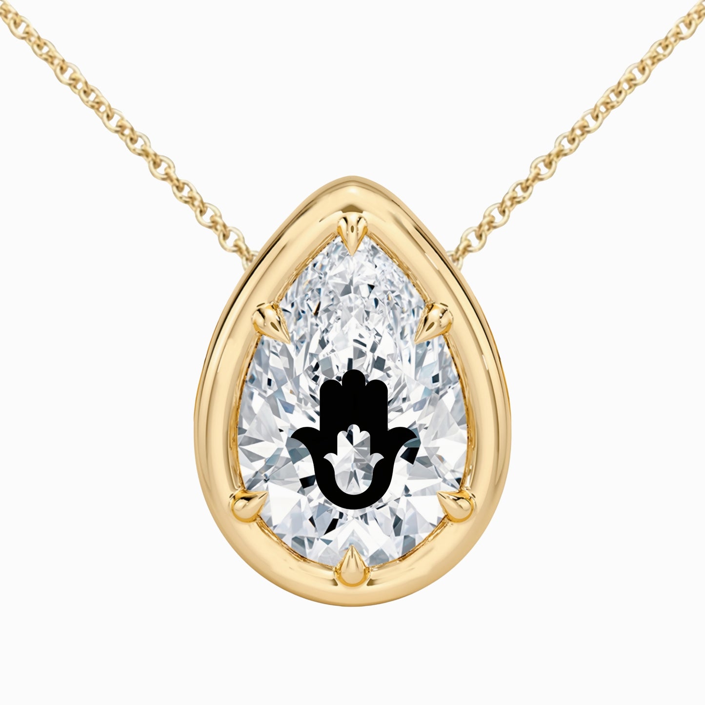 Lab Grown Diamond Pear Bezel Prongs Pendant Setting With Hamsa Laser Engraved On The Diamond Necklace 14K Gold
