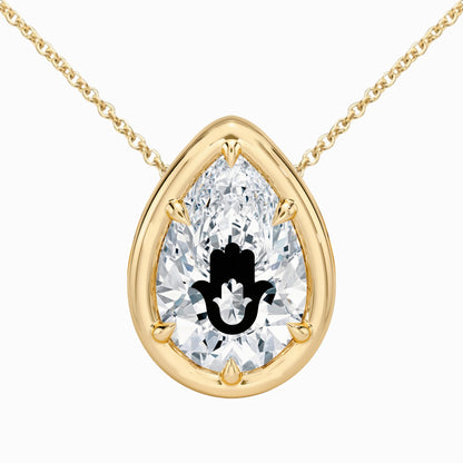 Lab Grown Diamond Pear Bezel Prongs Pendant Setting With Hamsa Laser Engraved On The Diamond Necklace 14K Gold
