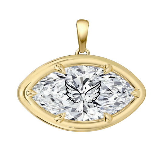 תליון אבן מוסונייט מרקיזה עם חריטת לייזר כנפי מלאך כוכבים - שיבוץ בזל ציפורני חתול זהב 14 קראט צהוב/לבן/רוז גולד