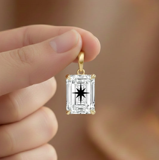 Laser Engrave Lab Grown Diamond Radiant Pendant North Star Engraved 14K Gold