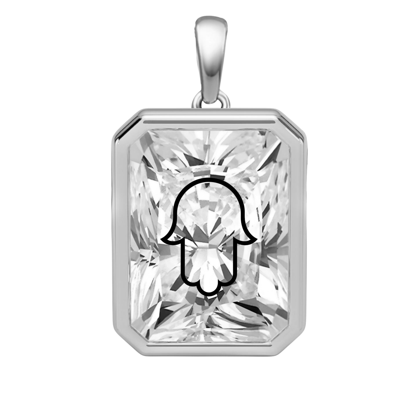 Laser Engrave Lab Grown Diamond Radiant Pendant Hamsa Engraved 14K Gold