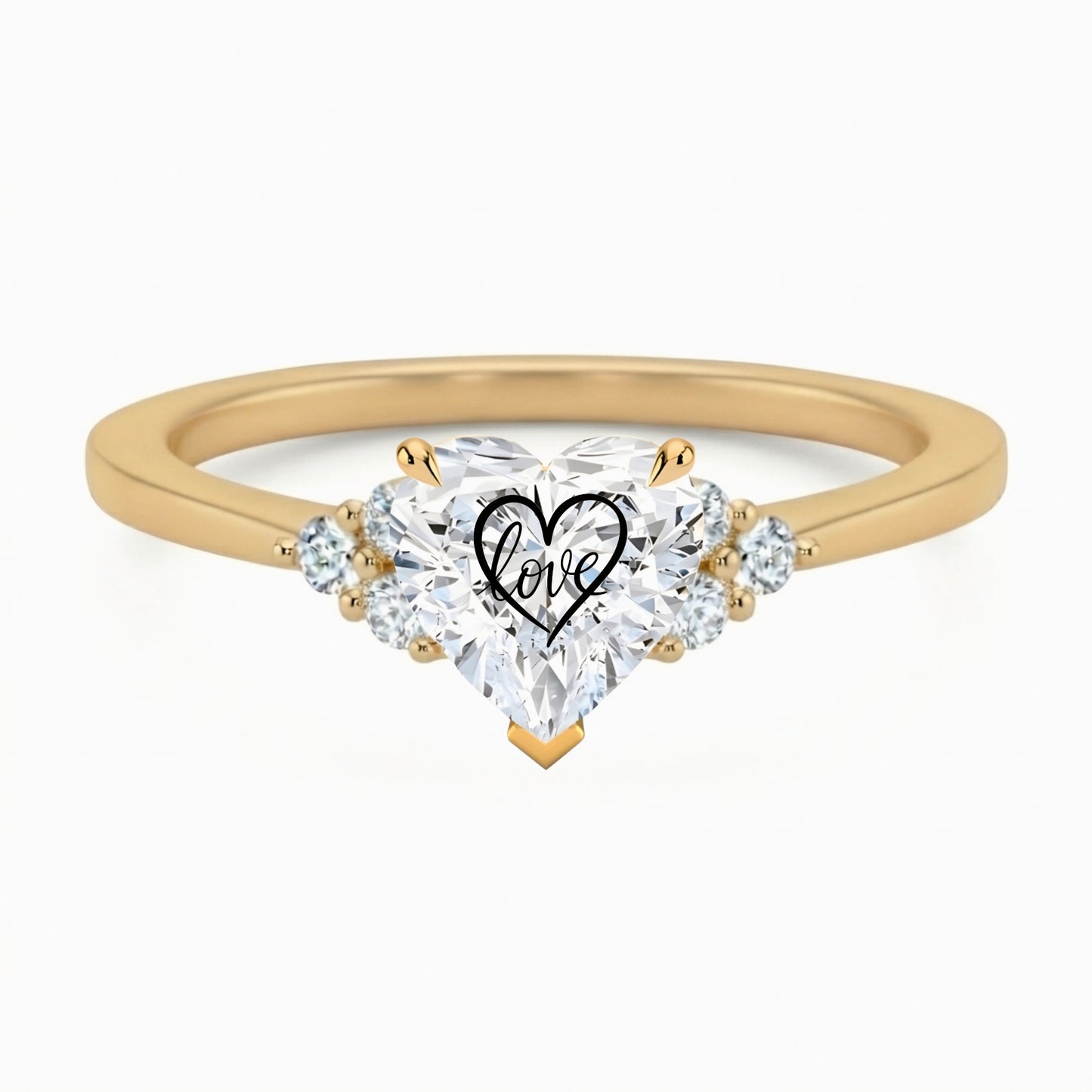 Laser Engrave On Center Of Lab Grown Diamond Heart Ring Heart Love Engraved 14K Gold