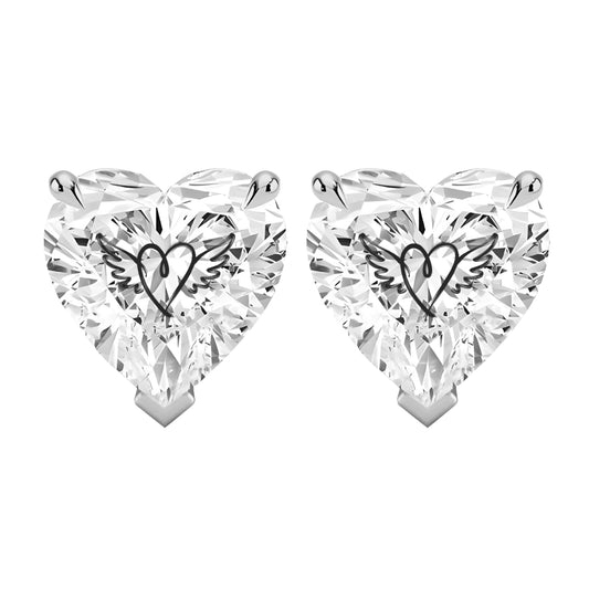 זוג עגילי אבן מוסונייט לב עם חריטת לייזר לב עם כנפיים - כסף 925