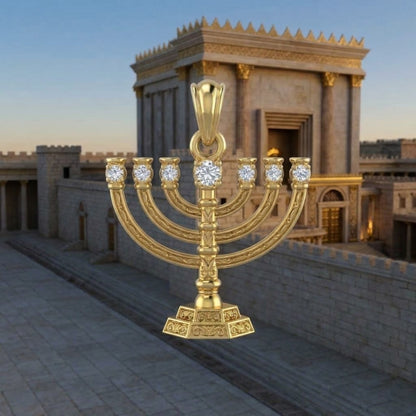 תליון גדול מנורת בית המקדש שבעת הקנים בשיבוץ יהלומי מעבדה זהב 14 קראט צהוב/לבן/רוז גולד