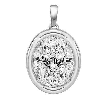 Laser Engrave Lab Grown Diamond Oval Bezel Prongs Pendant Hamsa Engraved 14K Gold
