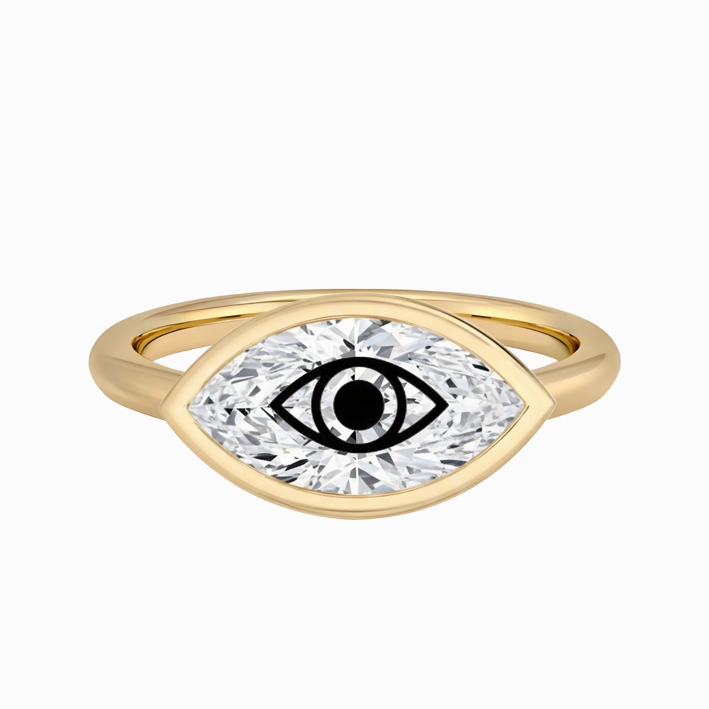 טבעת חותם יהלום מעבדה מרקיזה עם חריטת לייזר עין הרע - זהב 14 קראט לבן/צהוב/רוז גולד