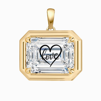 Laser Engrave On Lab Grown Diamond Emerald Bezel Prongs Pendant Love Heart Engraved 14K Gold