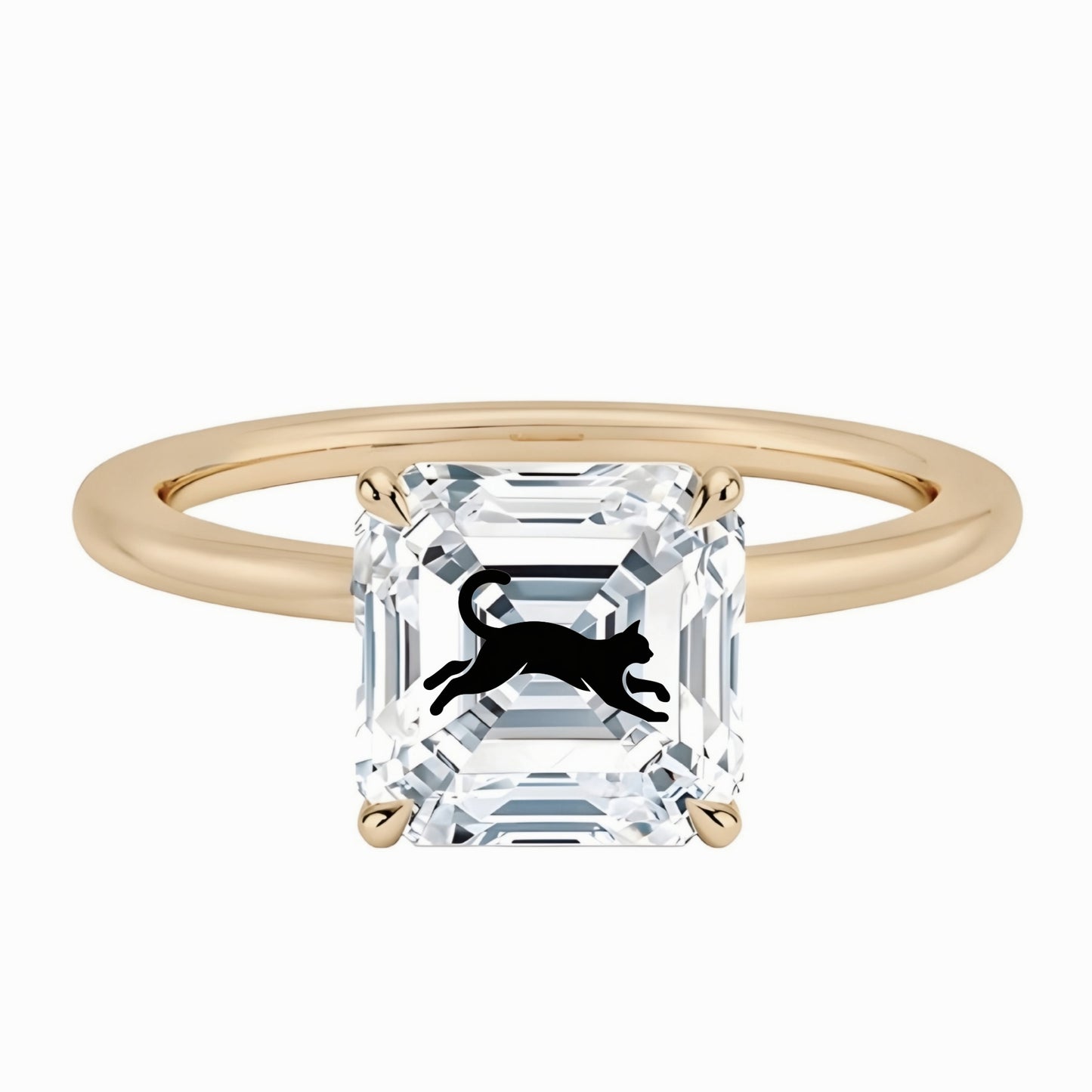 טבעת אבן מוסונייט אשר עם חריטת לייזר חתול - זהב 14 קראט צהוב/לבן/רוז גולד