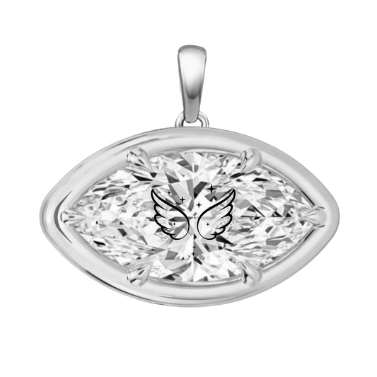 תליון אבן מוסונייט מרקיזה עם חריטת לייזר כנפי מלאך כוכבים - שיבוץ בזל ציפורני חתול כסף 925