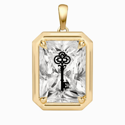 Laser Engrave On Lab Grown Diamond Radiant Bezel Prongs Pendant Key Engraved 14K Gold