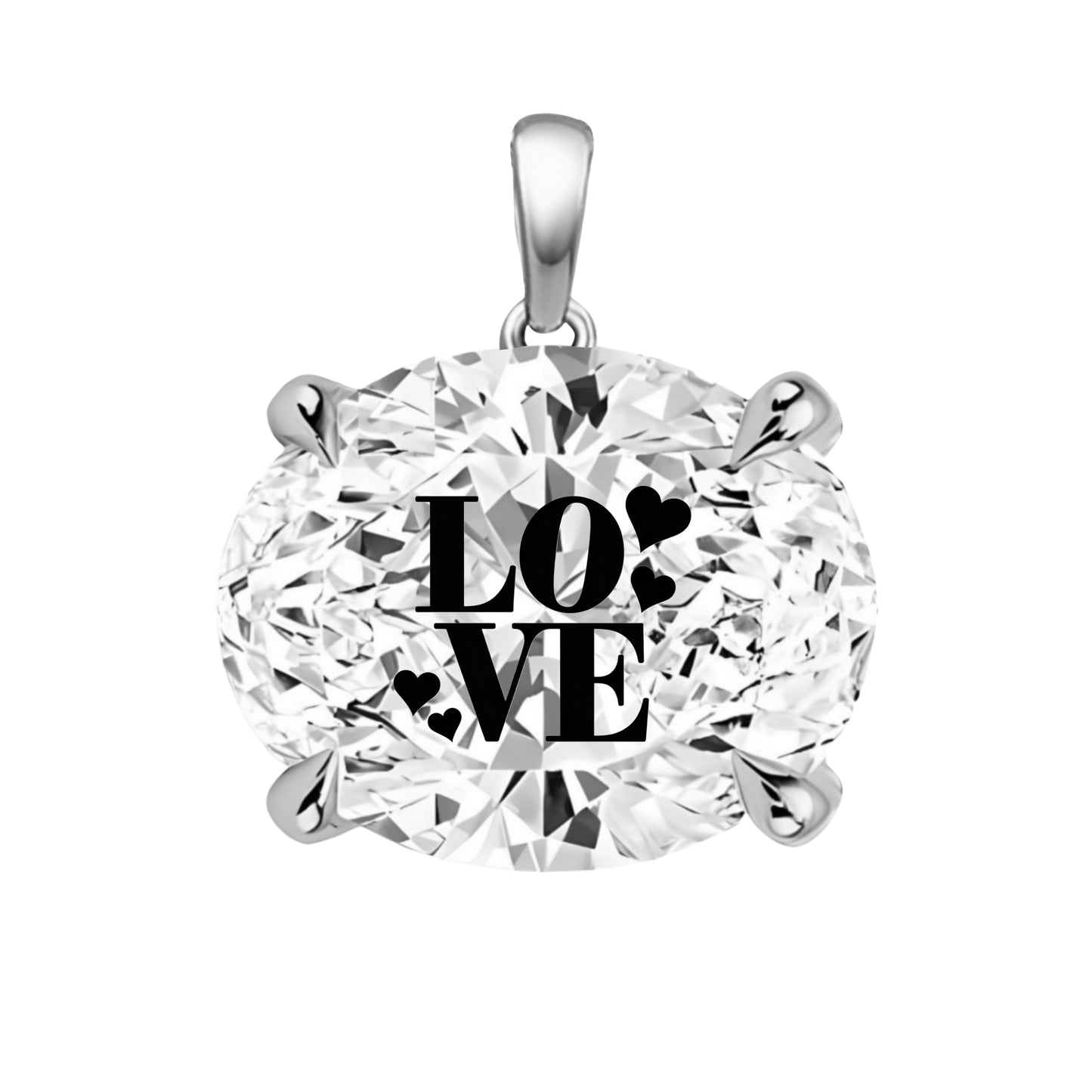 תליון אבן מוסונייט אובל עם חריטת לייזר LOVE - זהב 14 קראט צהוב/לבן/רוז גולד