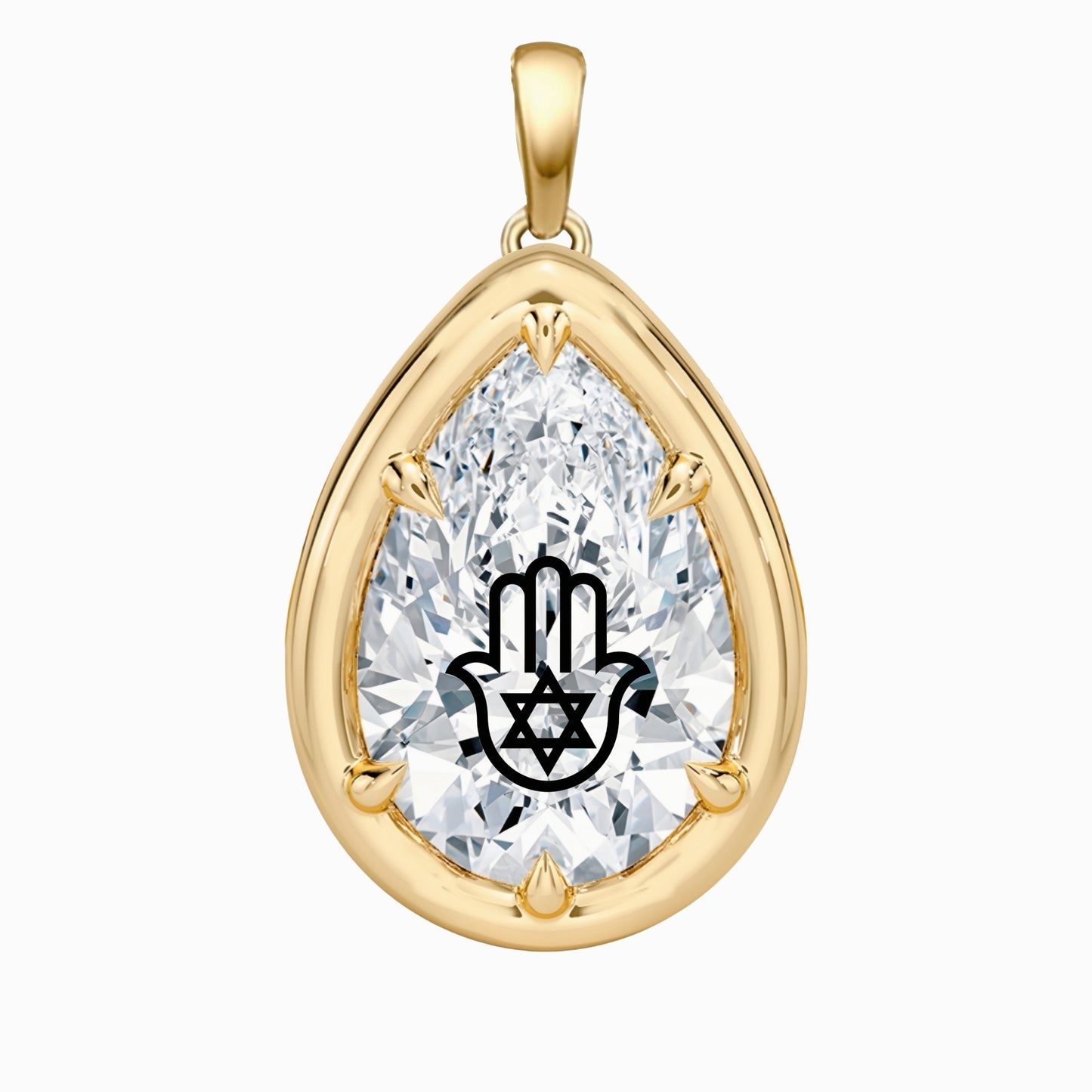 Laser Engrave Lab Grown Diamond Pear Bezel Prongs Pendant Hamsa Engraved 14K Gold