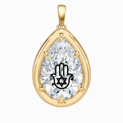 Laser Engrave Lab Grown Diamond Pear Bezel Prongs Pendant Hamsa Engraved 14K Gold