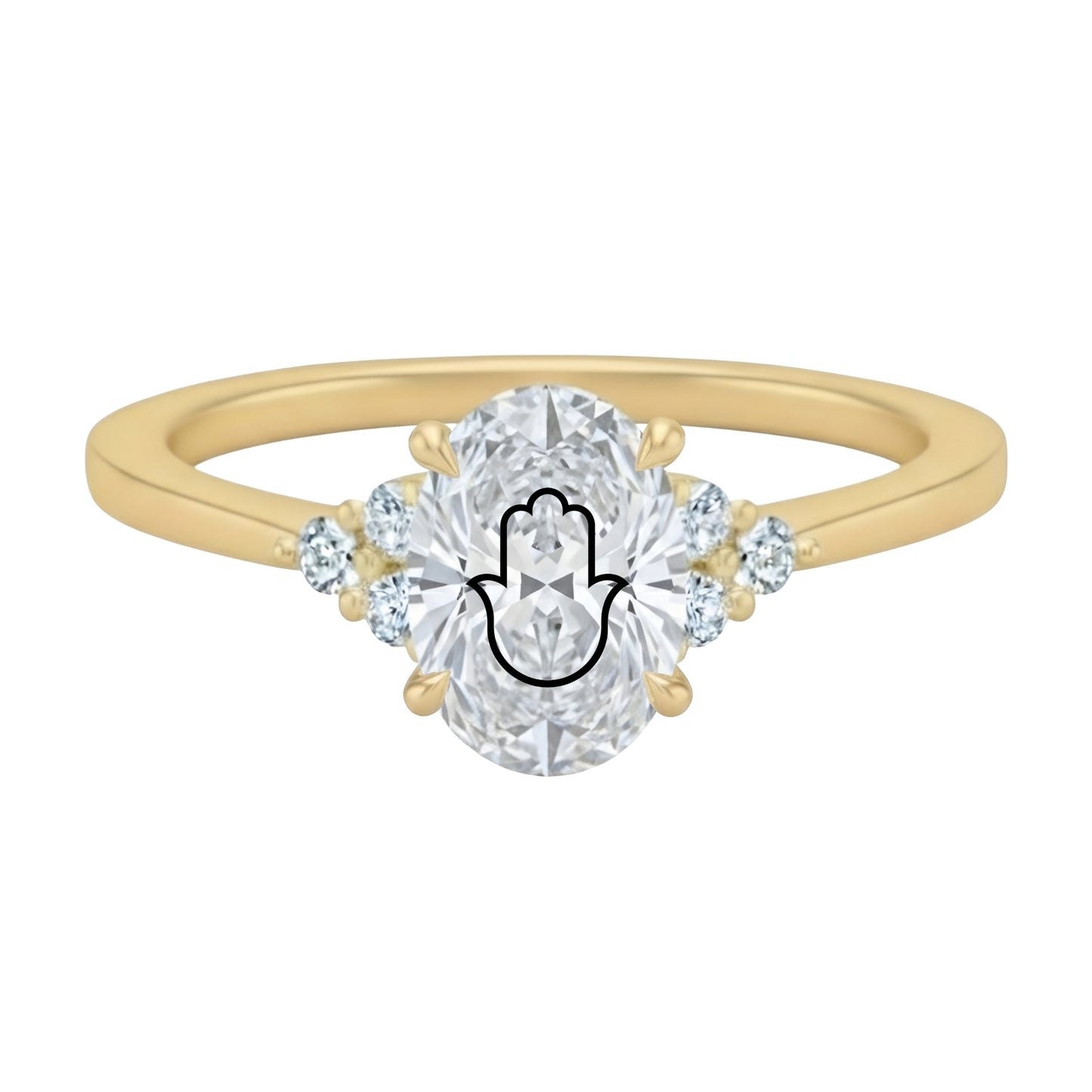 Laser Engrave Lab Grown Diamond Oval Ring Hamsa Engraved 14K Yellow/White/Rose Gold