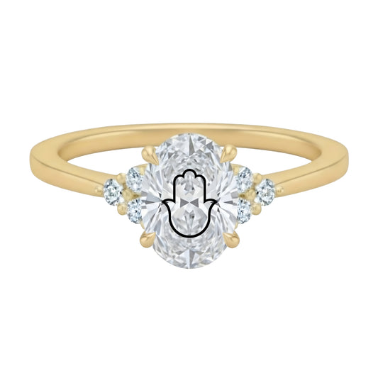 טבעת יהלום מעבדה אובל חריטה חמסה ויהלומים בצדדים - זהב 14 קראט צהוב/לבן/רוז גולד