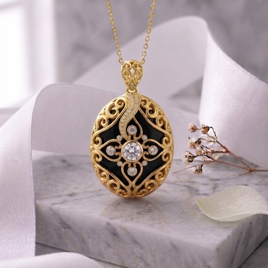 Oval Onyx Stone & Lab Grown Diamonds Fancy Pendant Necklace 14K Yellow/White/Rose Gold