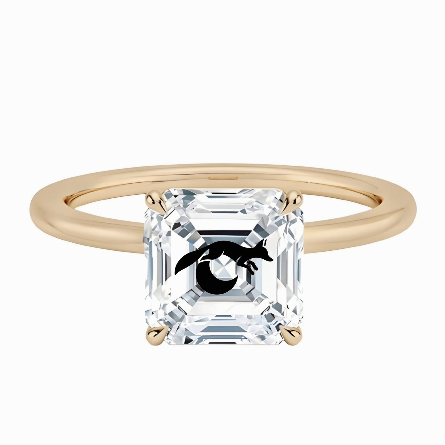 טבעת אבן מוסונייט אשר עם חריטת לייזר שועל ירח - זהב 14 קראט צהוב/לבן/רוז גולד