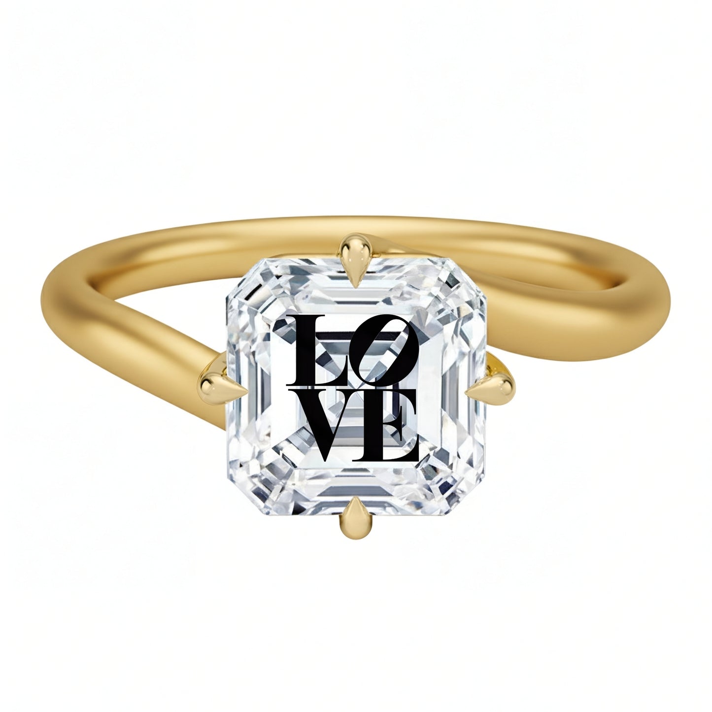 טבעת טוויסט יהלום מעבדה אשר עם חריטת לייזר LOVE - זהב 14 קראט לבן/צהוב/רוז גולד