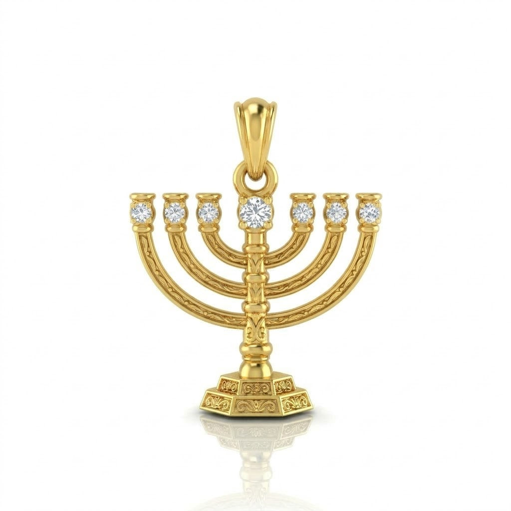 תליון גדול מנורת בית המקדש שבעת הקנים בשיבוץ יהלומי מעבדה זהב 14 קראט צהוב/לבן/רוז גולד