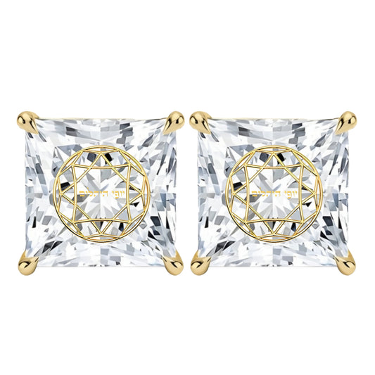 זוג עגילי יהלום מעבדה פרינסס חריטה בעיצוב אישי - זהב 14 קראט צהוב/לבן/רוז גולד