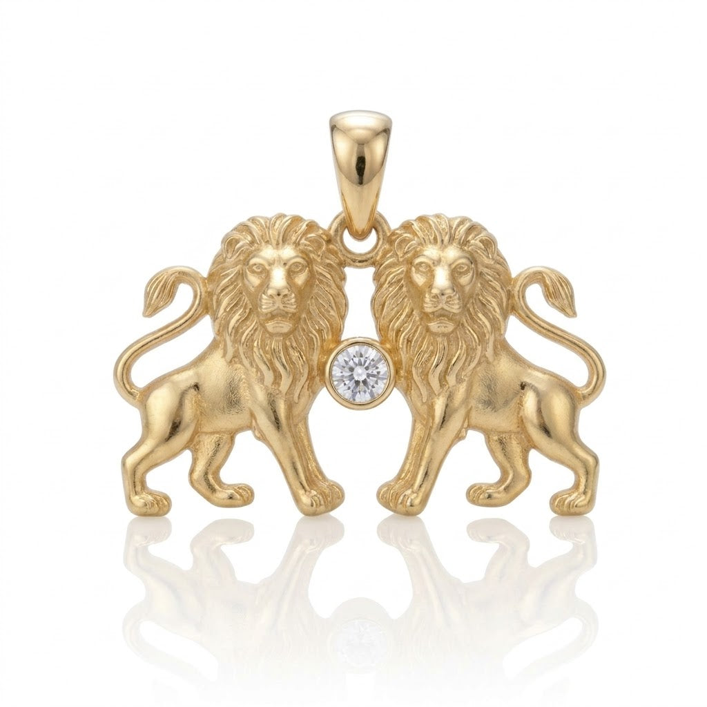 תליון אריות ירושלים בשיבוץ יהלום מעבדה זהב 14 קראט צהוב/לבן/רוז גולד
