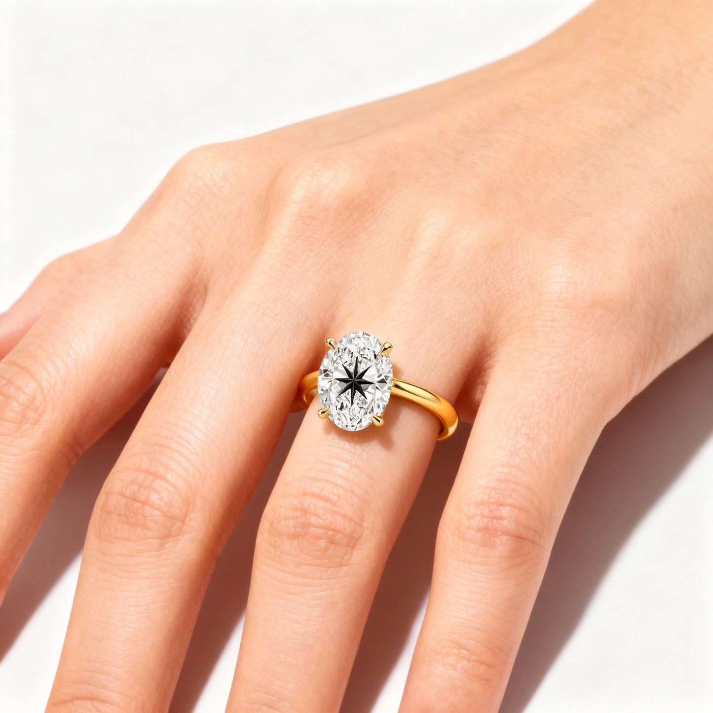 Lab Grown Diamond Oval Ring With North Star Laser Engraved On The Diamond 14K Gold